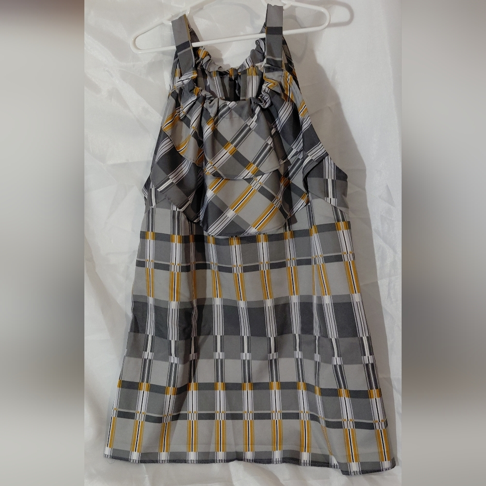Banana Republic Gray, Black & Mustard Plaid Ruffle Neck Tank